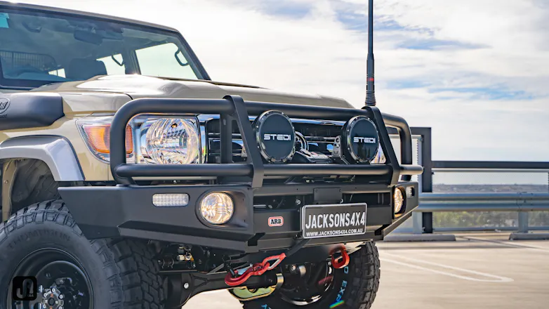 Front end of custom build 79 Series with Stedi Type-X Pro lights and GME aerial