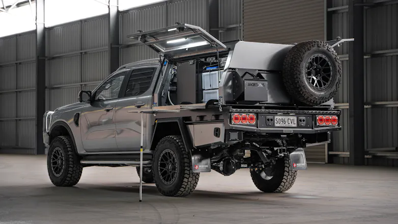 Silver Ford Ranger with an opened out Jacksons Australia canopy