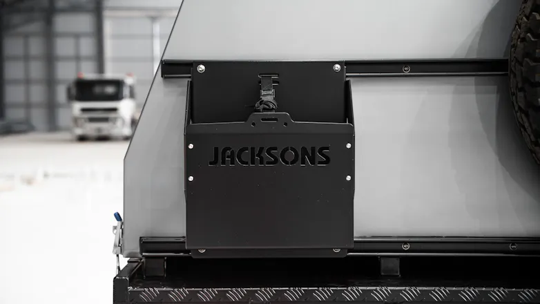 Rear view close up of Jacksons Australia canopy, fitted to silver Ford Ranger Next Gen