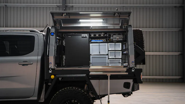 2023 Ford Ranger with Jacksons Australia canopy opened out, showing interior lights