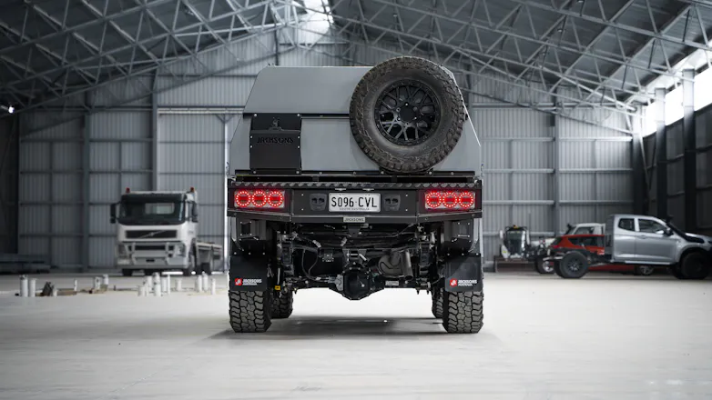 Rear view of modified Ford Ranger Next Gen including canopy & spare tyre