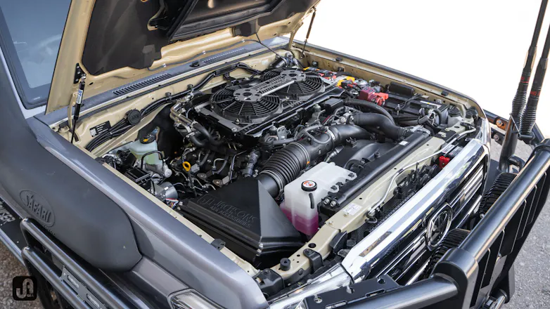 Under bonnet of Graphite Toyota 79 Series Landcruiser