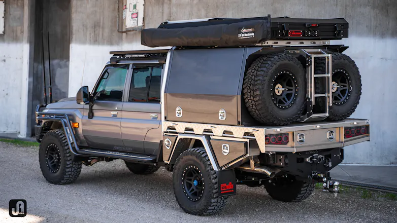 Custom fully wrapped Toyota 79 Series Landcruiser with Norweld canopy and The Bush Company rooftop tent
