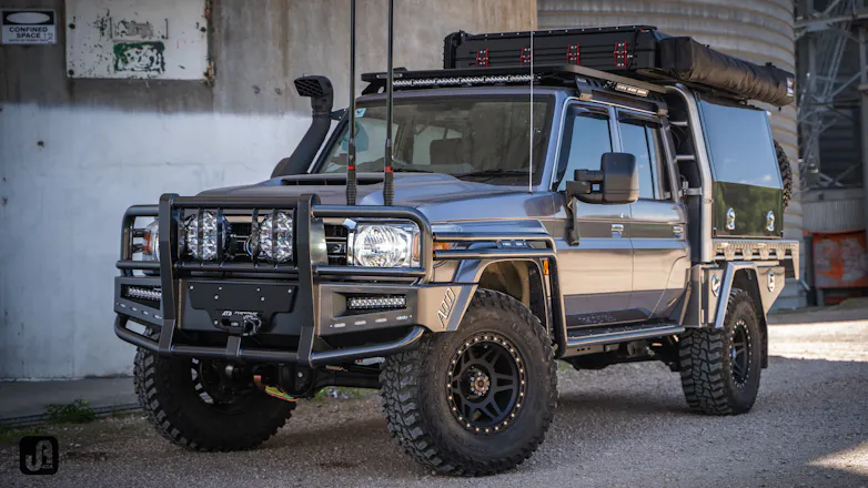 Fully customised Toyota 79 Series Landcruiser with ATD barwork and Safari snorkel
