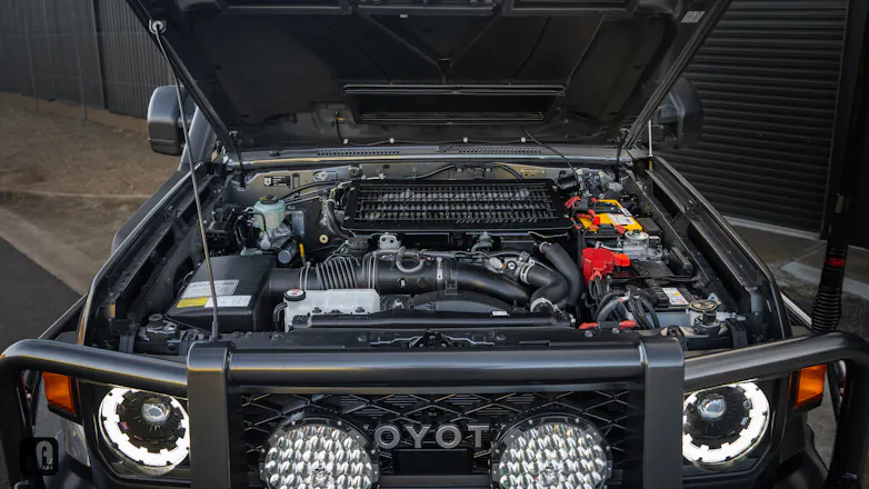 Under the bonnet of a custom build 2024 Toyota 79 Series Landcruiser