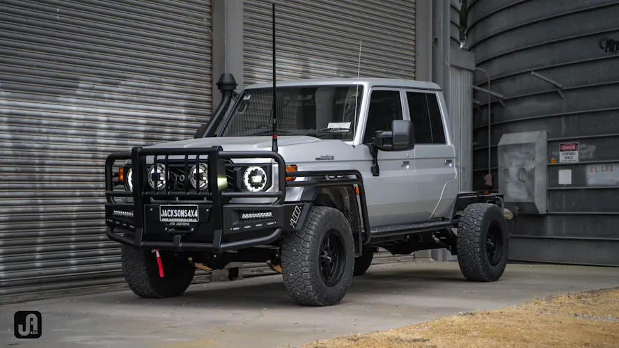 Silver 79 Series Toyota Landcruiser with Jmacx 4495 Super Chassis package