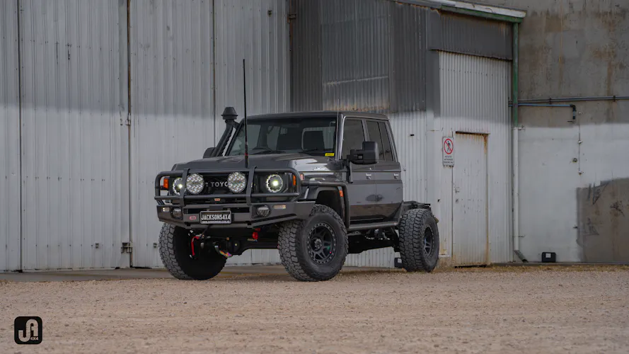 Black Toyota Landcruiser 79 Series with super chassis upgrade