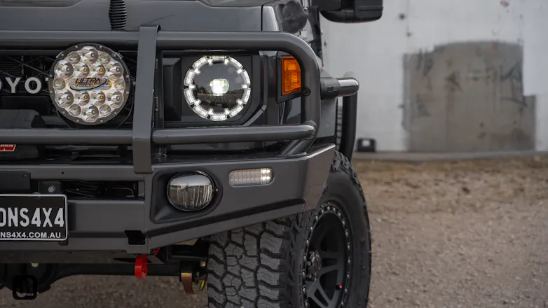 Front of black 79 Series with ARB bullbar